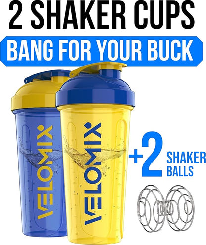VELOMIX -2 Pack- 28 oz Protein Shaker Bottles for Protein Mixes - 2x Wire Whisk | Leak Proof Shaker Cups for Protein Shakes and Pre Workout | Protein Shaker Bottle Pack (B9) Stand Strong Pack