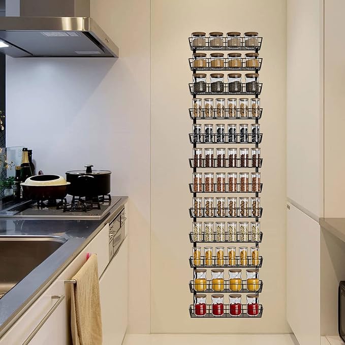 SWOMMOLY Adjustable Wall Mount Spice Rack Organizer, 12-Tier Dual-use (Multi-use) Hanging Spice Shelf Storage for Kitchen Pantry Cabinet Door, Seasoning Holder Organizer, Black - Image 8
