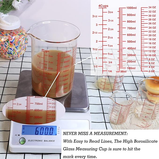 High Borosilicate Glass Measuring Cup-V-Shaped Spout，Glass Measuring Beaker for Kitchen or Restaurant, Easy to Read, 1000 ML (32 Oz, 4Cup) - Image 3
