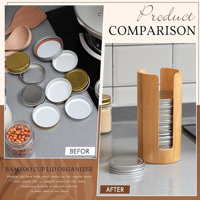 Suclain 2 Pcs Mason Jar Lid Organizer Bamboo Vertical Mason Jar Lid Storage Accessories Tumbler Lids Holder Cup Lids Organizer for Home Kitchen Countertop Cupboard(Only for Regular Mouth) - Image 5
