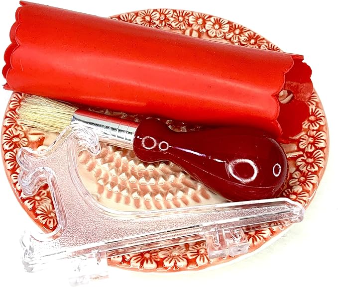 BonCera, All-in-one Premium Ceramic Garlic Grater Plate 4-Piece Set - Red Embossed Design and Style - For Garlic, Ginger, Chocolate, and more! - Comes with 5.25" Plate, Peeler, Brush, and Stand