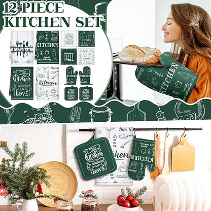 12 Pcs Farmhouse Kitchen Decor and Accessories Sets 4 Green Kitchen Towels 4 Absorbent Dishcloths 2 Pot Holders 2 Oven Mitts Gloves for Home Decorations Mom Gifts