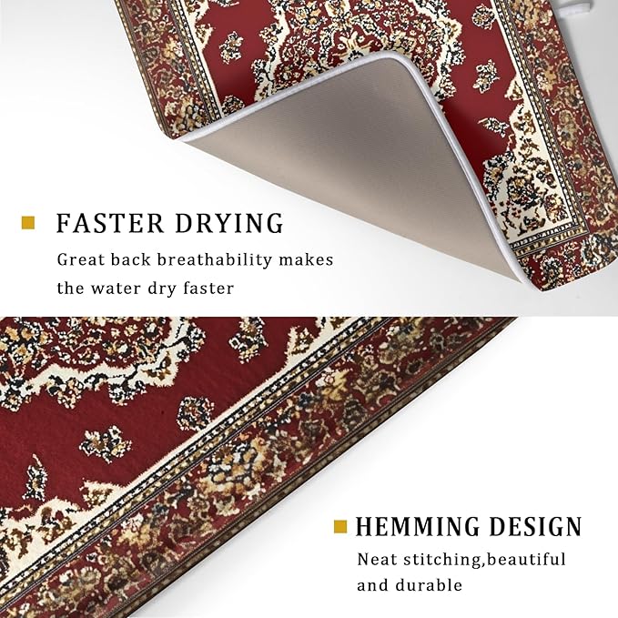 Giwawa Vintage Boho Dish Drying Mat Antique Tribal Rustic Red Floral Dish Drainer Mats 18"x24" Ethnic Carpet Microfiber Reversible Dish Drying Rack Pad Protector for Kitchen Countertop Decor