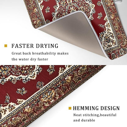 Giwawa Vintage Boho Dish Drying Mat Antique Tribal Rustic Red Floral Dish Drainer Mats 18"x24" Ethnic Carpet Microfiber Reversible Dish Drying Rack Pad Protector for Kitchen Countertop Decor