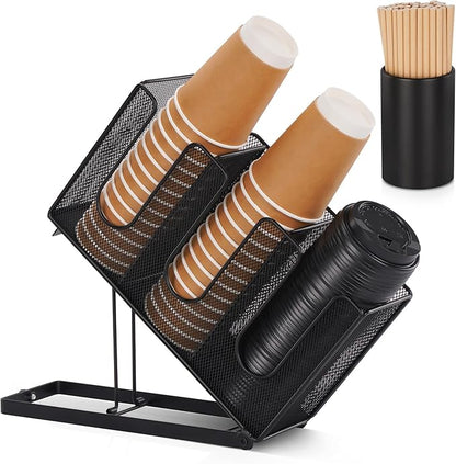 Paper Cup and Lid Holder with Straw Organizer for Countertop Coffee Station Bar Restaurant Breakroom, Metal Midsize Disposable Coffee Cup Dispenser for Plastic Cup Lid Straw, Black