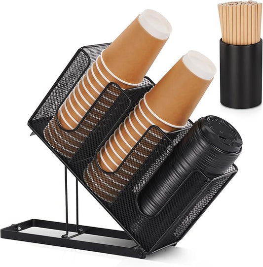 Paper Cup and Lid Holder with Straw Organizer for Countertop Coffee Station Bar Restaurant Breakroom, Metal Midsize Disposable Coffee Cup Dispenser for Plastic Cup Lid Straw, Black