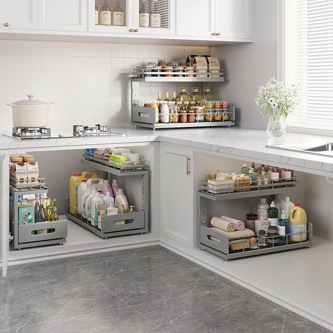 Under Sink Organizer Upgrade To Professional Rails,2-Tier Dual Pull Out Cabinet Storage,Height Adjustable Slide Out Drawers For Bathroom Kitchen,1 Pack-18.5"Dx12.8"-16.9"H,Gun Gray - Image 7