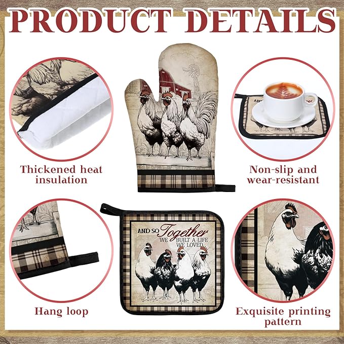 Fourluoo 10 Pcs Barn Chicken Kitchen Dish Towels Rugs Oven Mitts and Pot Holders Set Farmhouse Kitchen Decor Set for Women Mom Daughter Gift Cooking Baking Grilling (Retro Color)