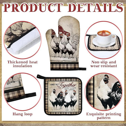 Fourluoo 10 Pcs Barn Chicken Kitchen Dish Towels Rugs Oven Mitts and Pot Holders Set Farmhouse Kitchen Decor Set for Women Mom Daughter Gift Cooking Baking Grilling (Retro Color)