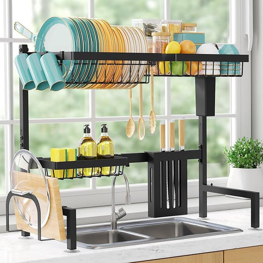 Sakugi Over The Sink Dish Drying Rack - Adjustable 2 Tier Large Capacity Stainless Steel Drainer with Cutlery & Utensil Holders, Kitchen Storage & Organization, 30"-33.9" L x 11" W x 21.5" H, Black by Sakugi