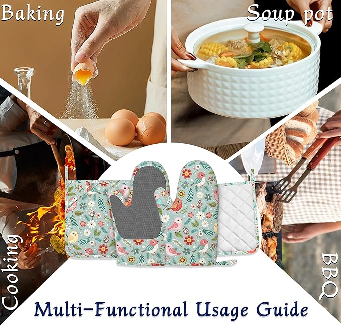 Birds Floral Potholders & Oven Mitts Sets Colourful Flowers Silicone Heat Resistant Oven Mits and Hot Pads Non-Slip Pot Holders Gloves for Kitchen Chef Cooking Baking Grilling BBQ