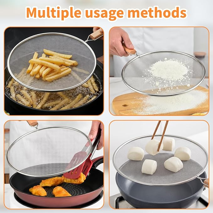 Grease Splatter Screen for Frying Pan - 8Inch Stainless Steel Splatter Guards Mesh with Wood Handle, Pan Cooking Pots Food Strainer, Hot Oil Splash Protector Splatters Screen for Frying Pans - Image 5