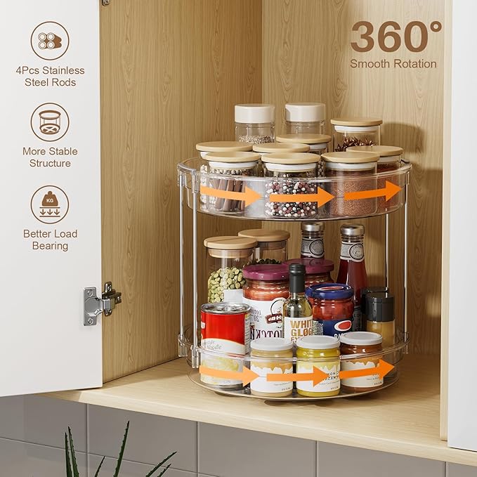 LAMU 12inch 2 Tier Lazy Susan Turntable Organizer Rotating Spice Rack Organization for Cabinet, Kitchen, Pantry, Countertop, Bathroom, Vanity, Medicine Cabinet Organizer, Clear - Image 4