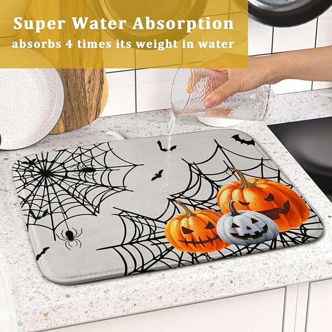 Giwawa Happy Halloween Dish Drying Mat 16"x18" Spooky Colorful Pumpkins Decorative Dish Drainer Mats Horrible Spider Web Bats Reversible Dish Drying Pad for Kitchen Countertop Dining Room