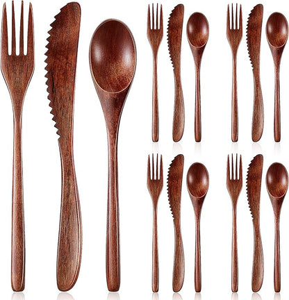 Geiserailie 12 Pcs Wooden Utensils for Eating Wooden Spoon Fork Knife Cutlery Set Kitchen Wood Dinner Flatware Tableware Set Includes Spoon, Fork, Knife by Geiserailie