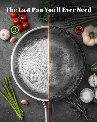 Titanium Au Gratin Pans Set 8/10/12 Inch, Pure Titanium Hammered Frying Pans with 2 Lids, Non-Toxic Skillet Cookware, PFAS/PFOA/PTFE Free, Dishwasher & Oven Safe, Induction Compatible