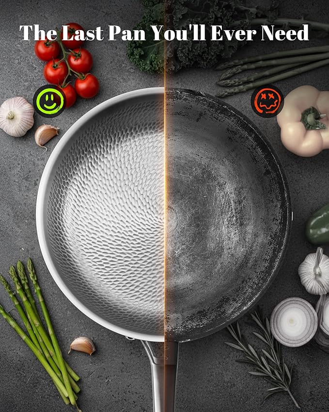 Titanium Pan, 12 Inch Pure Titanium Hammered Pro frying pan with Lid, Non-Toxic Skillet for Cooking, PFAS/PFOA/PTFE Free Cookware, Dishwasher&Oven Safe, Kitchen Induction Compatible - Image 3
