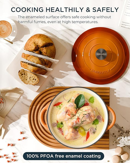 Enameled Cast Iron Dutch Oven - 7.5QT Dutch Oven Pot with Lid & Cotton Potholders - Heavy-Duty Non Stick Casserole Pot for Braising, Stews, Roasting, Baking, Suitable for All Stovetops, Vibrant Orange - Image 2