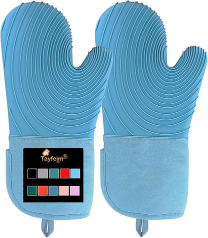 Silicone Oven Mitts-13.6 in Extended Oven Mitts Heat Resistant 500F, Oven Gloves with Soft Liner Good Grippy BPA-Free Easy to Clean Flexible-Oven Mits Set for Cooking Baking Grilling BBQ by Tayfeim