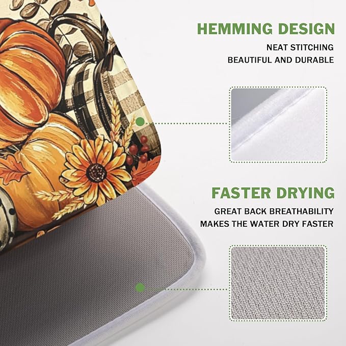 Fall Orange Pumpkin Dish Drying Mat for Kitchen Counter 16 x 18 Inch Autumn Maple Leaf Dish Drainer Mat Absorbent Microfiber Thanksgiving Harvest Dish Rack Pad for Coffee Dining Bar Decor