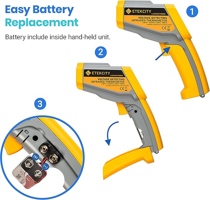 Etekcity Infrared Thermometer 1025D (Not for Human) Dual Laser Temperature Gun-58℉~1022℉ (-50℃~550℃) with Adjustable Emissivity, Non-Contact Voltage Tester (NCV), Standard Size, Yellow & Gray - Image 8