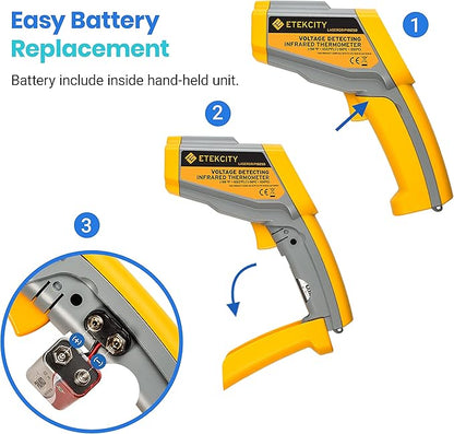 Etekcity Infrared Thermometer 1025D (Not for Human) Dual Laser Temperature Gun-58℉~1022℉ (-50℃~550℃) with Adjustable Emissivity, Non-Contact Voltage Tester (NCV), Standard Size, Yellow & Gray - Image 8