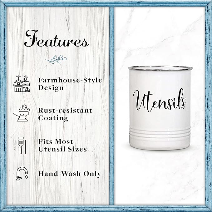 Home Acre Designs Vintage Farmhouse Utensil Holder - Stylish Countertop Organizer and Kitchen Decor Caddy - Stainless Steel Rim - White - Image 2