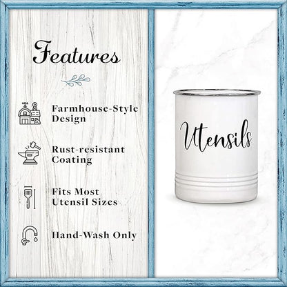 Home Acre Designs Vintage Farmhouse Utensil Holder - Stylish Countertop Organizer and Kitchen Decor Caddy - Stainless Steel Rim - White - Image 2