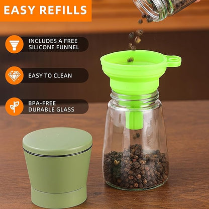 DAVIMADE Premium 2pk Sage Green Salt and Pepper Grinder Set, Manual Grinder Adjustable Coarseness Ceramic Blades, Bonus Funnel，Short Kitchen Accessories