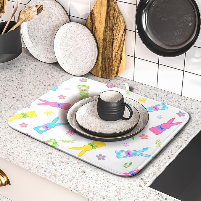 Easter Dish Drying Mat for Kitchen Counter Cute Bunny Floral Holiday Microfiber Absorbent Dish Draining Reusable Washable Foldable 16"x18" - Image 5