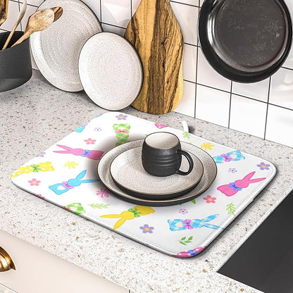 Easter Dish Drying Mat for Kitchen Counter Cute Bunny Floral Holiday Microfiber Absorbent Dish Draining Reusable Washable Foldable 16"x18" - Image 5