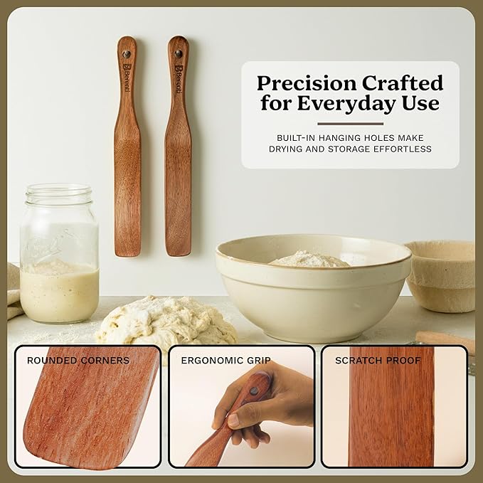 2Pcs Wooden Skinny Spurtle Set for Jars, Premium Natural Acacia Wood Tool for Stirring, Mixing, Serving, Jam, Cheese, Cream and Peanut Butter