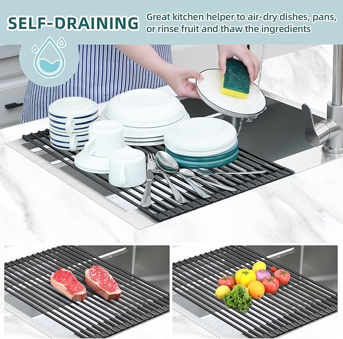 Ohuhu Over The Sink Dish Drying Rack, 20.5" W x 13.1" L Rolling Dish Drainer Foldable Sink Accessories Heat-Resistant Mat Anti-Slip Silicone Coated Dish Racks for Kitchen Counter - Image 3