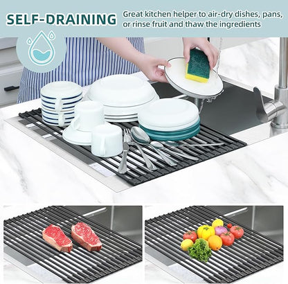 Ohuhu Over The Sink Dish Drying Rack, 20.5" W x 13.1" L Rolling Dish Drainer Foldable Sink Accessories Heat-Resistant Mat Anti-Slip Silicone Coated Dish Racks for Kitchen Counter - Image 3