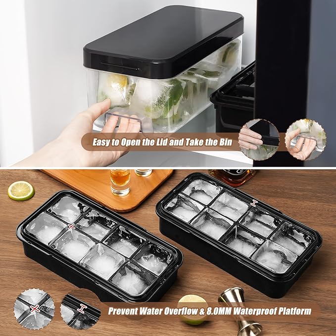 PHINOX Large Ice Cube Tray with Lid and Bin, Ice Trays for Freezer, 2 INCH Whiskey Ice Cubes Mold, 2*8 pcs Square Ice Cube Mold with Tong, Easy to Release, Large Ice Tray for Whiskey Cocktail Bourbon - Image 6