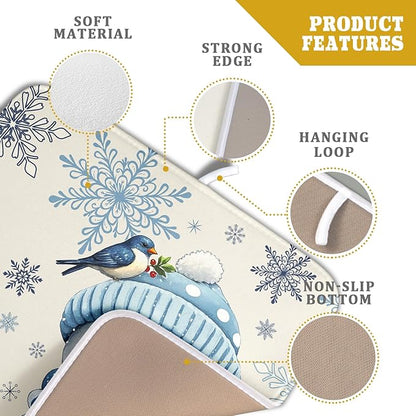 Winter Snowman Dish Drying Mat for Kitchen Counter 16x18 Blue Snowflake Bird Christmas Holiday Absorbent Reversible Microfiber Drying Mats Kitchen Countertop Protector Dishes Drainer Rack Pad - Image 4
