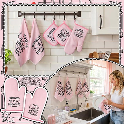 Bencailor 12 Pcs Farmhouse Kitchen Decorations Sets 8 Pink Black Kitchen Dish Towels 2 Pot Holders 2 Oven Mitts Glove Rustic Hand Towels and Dishcloths for Home Accessories Mom Gifts