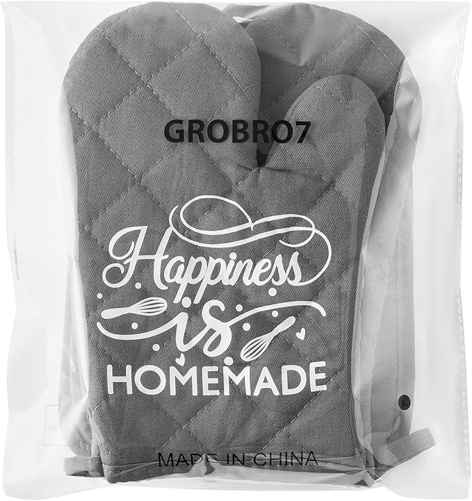 GROBRO7 6Pcs Cotton Oven Mitts and Pot Holders Set Happiness is Homemade Heat Resistant Hot Pad Machine Washable Microwave Gloves with Hanging Loop Pocket Potholder for Kitchen Baking Cooking Grilling - Image 7