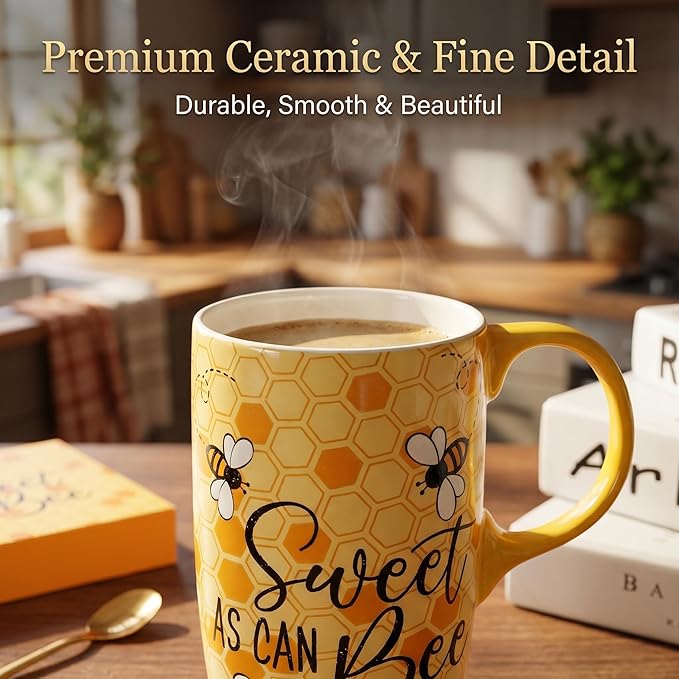 Topadorn Ceramic Travel Mug with Lid and Handle for Men Women Office Work, Microwave & Dishwasher Safe,17Oz, 6.5" H Tall Tea Cup in Color Box, Bee