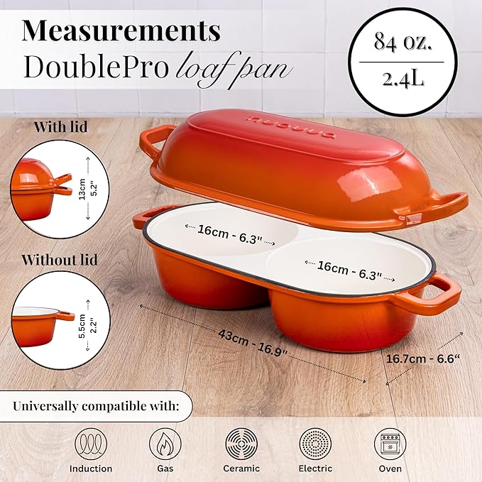 Dutch Oven For Sourdough Bread Baking – Enamelled Cast Iron Bread Loaf Pot – 500°F Oven Safe Non Stick Bread Pot – Double Round Loaf Space, 16.5cm Diameter, Orange, – by Nuovva - Image 2