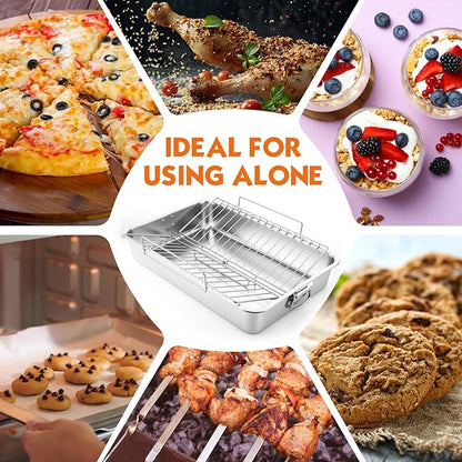 Teenyyou Extra Large Stainless Steel Turkey Roaster with Racks 23.6 * 15.7in Turkey Roaster Pot, with Stainless Steel Detachable Rack Suitable for Poultry, Chicken, Ham, Vegetable