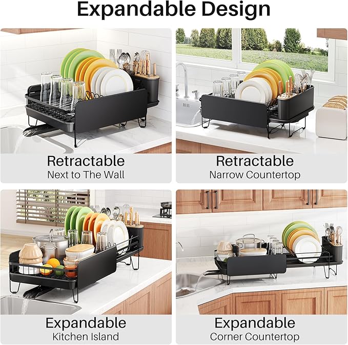 SNTD Dish Drying Rack - Large Dish Racks for Kitchen Counter, Expandable Dish Drainers with Cutlery Holder Stainless Steel Rustproof, Black - Image 3