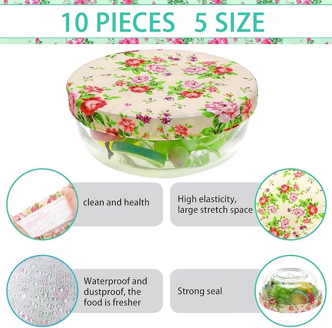 Patelai 10 Pcs Bowl Covers Reusable in 5 Size Stretch Cloth Fabric Elastic Food Storage Bowl Covers Bread Sourdough Lids for Proofing Food Fruits Leftover(Red, Pink, Green,Floral Style) - Image 4