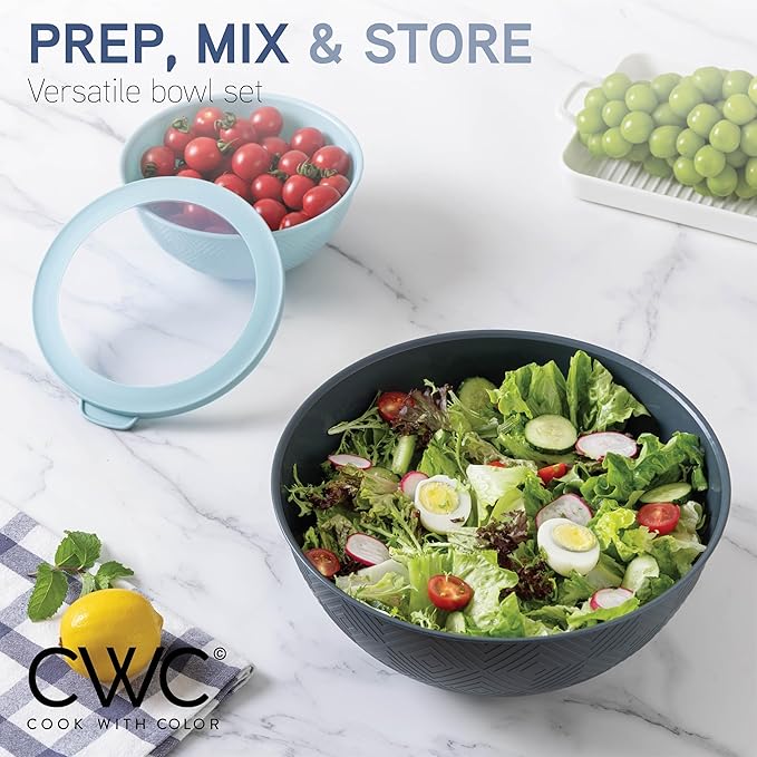 COOK WITH COLOR Mixing Bowls with Lids - 12 Piece Plastic Nesting Bowls Set includes 6 Prep Bowls and 6 Lids, Microwave Safe Mixing Bowl Set, Blue Rhombus - Image 6
