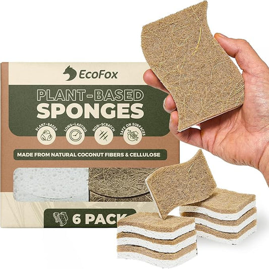 Plant-Based Kitchen Sponges (6 Pack) | USDA Biobased Certified | FSC & PETA Approved | Natural Cellulose & Coconut Scrubber Sponge | S-Shaped Design | Eco-Friendly, Non-Scratch, Non-Toxic & Vegan by EcoFox