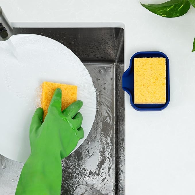 Zulay Kitchen Small Silicone Sponge Holder (4.9x3.3”) – Space-Saving Sink Organizer Tray for Sponge, Soap, Brush & More – Compact Non-Slip Dish for Kitchen & Bathroom (Dark Blue) - Image 3
