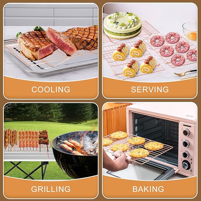Cooling Rack for Baking 3 Tiers, 16" x 10" Cookie Cooling Wire Rack Stackable Collapsible Nonstick, Stainless Steel Baking Cooking Cooling Racks with Optimum Air Flow, Rose Gold - Image 6