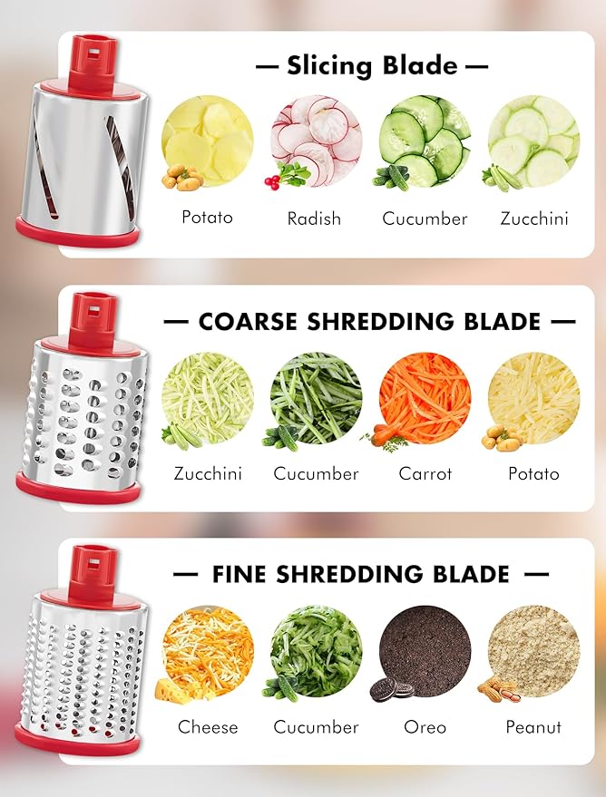 GDL Rotary Cheese Grater, Upgraded 5-in-1 Cheese Grater Hand Crank, Multi-purpose Cheese Shredder with Handle, Vegetable Slicer Cutter Ice Shaver for Potato, Carrot, Nuts, Chocolate - Image 3