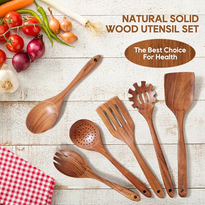 Wooden Spoons for Cooking, 6PCS Teak Wood Cookware Utensil Set with Hooks - Smooth Finish, Non-Stick, Comfortable Grip, Heat Resistant Kitchen Utensils - Image 7