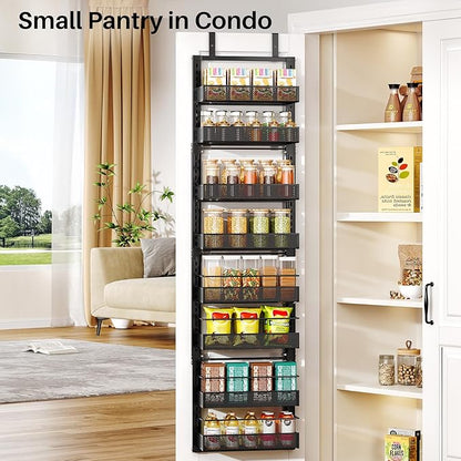 8 Tiers Over the Door Organizer - Height Adjustable Pantry Organizers and Storage with Dense Mesh Baskets, Anti-Swing Hanging Door Spice Rack for Kitchen Bathroom (Black, 12.3"W x 4.7"D x 69"H) - Image 3